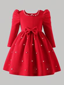 Váy chữ A tay bồng cổ tròn đính hạt màu đỏ cho bé gái, thích hợp cho dịp năm mới, tiệc tùng, mùa thu/xuân/đông, giáng sinh - Đỏ - Xem 4