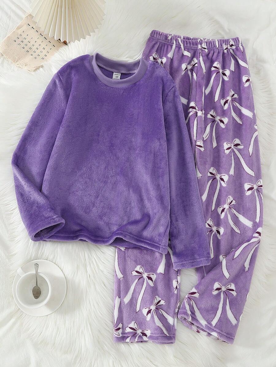 Flannel Girls Teen Loungewear 2-Piece Set - Purple Solid Top Bow Print Pants Combo Sweet Bow All-Over Print Design Purple Tone-On-Tone Match Thick Warm Flannel Fabric Long Sleeve Top Pants Set Social Media Style Sweet Girl Aesthetic Autumn Winter Spring Holiday Essential Girls Teen Home Set Purple Pajamas Set - Purple - View 1