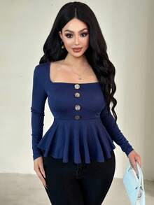 Vavine Dunkelblaues Damen-Top für Herbst/Winter: Quadratischer Ausschnitt + Rüschensaum, Details mit Metallic-Knöpfen, schwarze Schleife am Rücken, weicher, dehnbarer Stoff für hohen Tragekomfort – vielseitig einsetzbar für Alltagsausflüge, gesellschaftliche Anlässe oder die Arbeit.