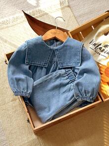 Vintaside Kids Bộ đồ denim cổ điển cho bé gái áo chui đầu tay dài màu trơn và quần jeans cạp chun - Rửa trung bình - Xem 8
