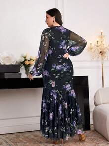 Modelyn 大码女式印花V领灯笼袖褶皱优雅连衣裙 - 彩色 - 查看 2
