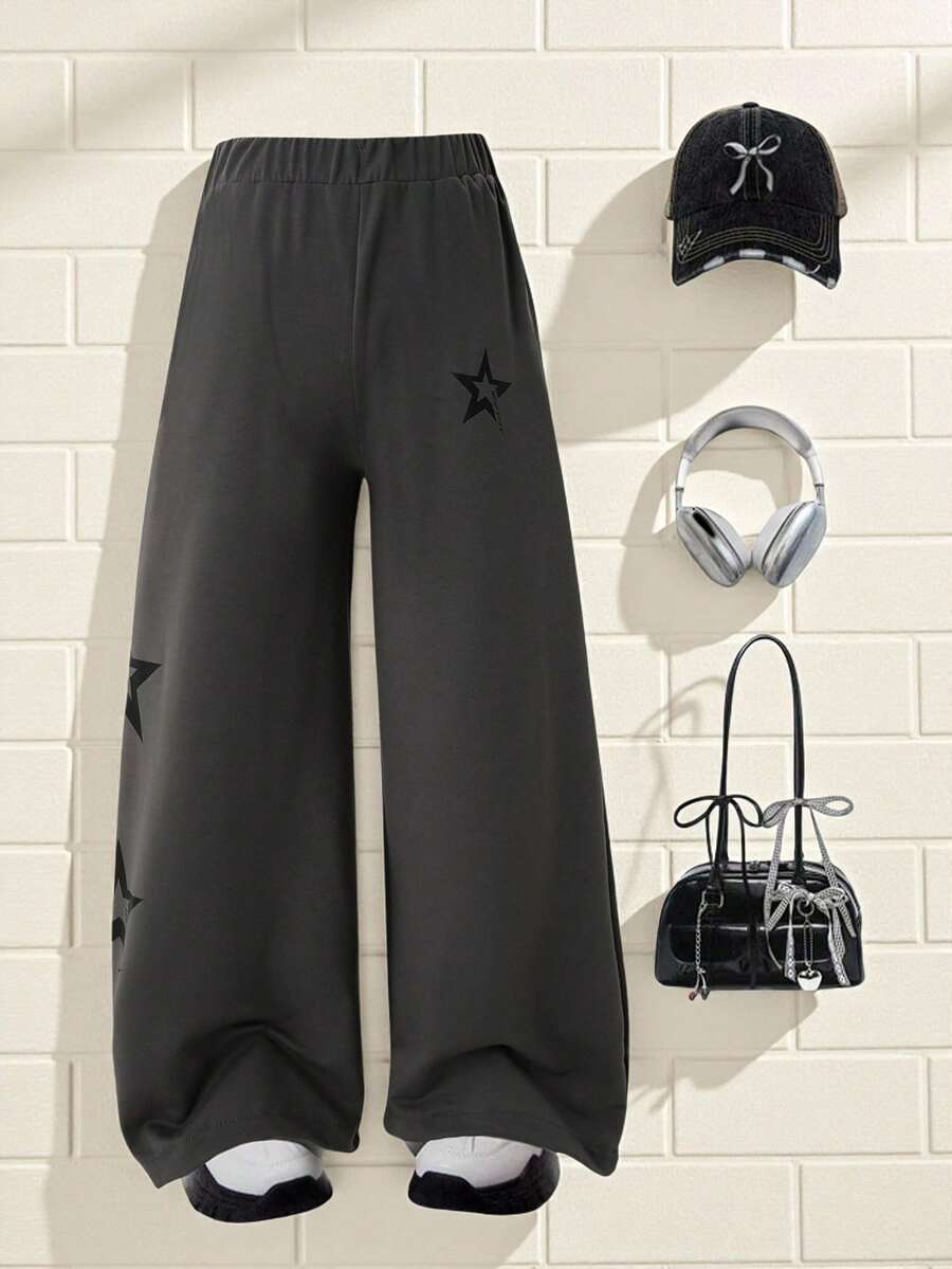 Explorewe Personalized Girls' Tween Girl Distressed Fabric Long Pants, Positioning Printed English Five-Pointed Star Pattern, Suitable For Spring, Autumn, Winter, Home, Outing, Travel, Versatile Casual Sports Essential Bottoms - Grey - View 1