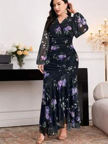 Modelyn 大码女式印花V领灯笼袖褶皱优雅连衣裙 - 彩色 - 查看 6