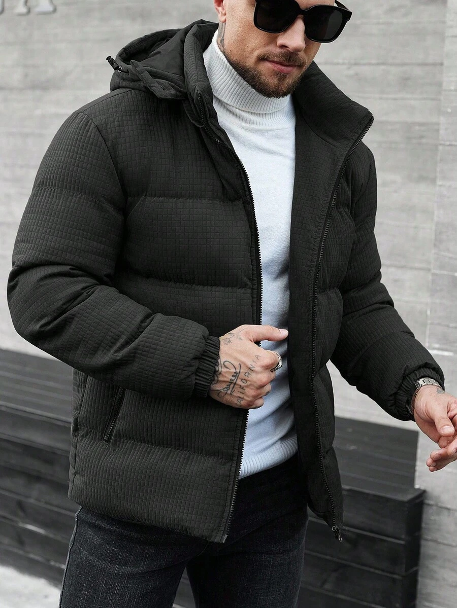Manfinity CasualCool Men's Solid Color Minimalist Casual Hooded Long Sleeve Plaid Padded Coat Men Outerwear Winter Coat For Men Bubble Coat Men Men Jackets - Black - View 1