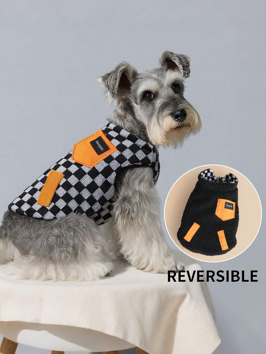 PETSIN 1件猫狗通用宠物服装秋冬加厚双面保暖外套黑白棋盘格背心休闲装 - 黑與白 - 查看 1
