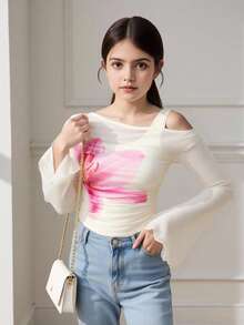 SHEIN 年轻女孩花卉图案休闲不对称肩T恤 - 白色 - 查看 1