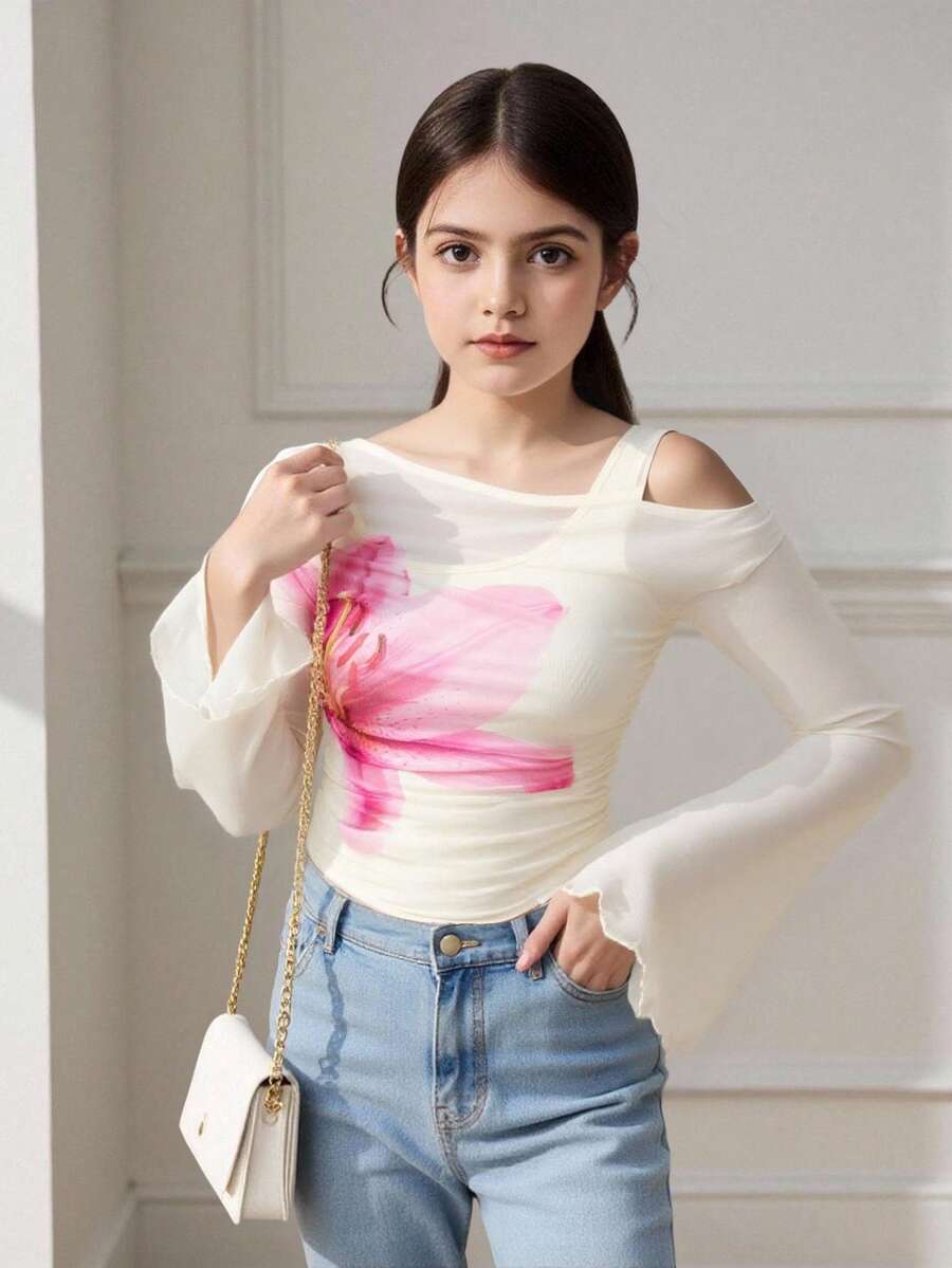SHEIN 年轻女孩花卉图案休闲不对称肩T恤 - 白色 - 查看 1