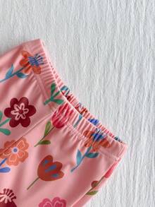 SHEIN 2pcs Baby Girl Cute Sweet Fashion Casual Pink All Over Colorful Floral Flower Plant Print Pattern Long Sleeve Round Neck Sweatshirt Pullover Tops And Elastic Waist Flared Pants Bell Bottoms Leggings Two Pieces Outfit Sets Soft Clothes For Daily Wear School Park Play Spring Fall Autumn Winter - Pink - View 5