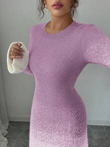 Elenzga Women's Autumn/Winter New Round Neck Ombre Unique Design Ruffle Hem & Cuff Fashionable Elegant Elegant Date Casual Fitted Knit Dress - Purple - View 2