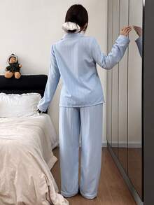 SHEIN 女士新款休闲舒适长袖上衣和裤子睡衣套装，秋冬服装 - 藍色 - 查看 3