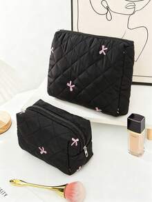 SHEIN Túi đựng mỹ phẩm du lịch, túi đựng đồ vệ sinh cá nhân có khóa kéo, thêu nơ, chần bông, chống thấm nước, nhẹ, dùng để sắp xếp đồ trang điểm, dung tích lớn, tiện dụng cho phụ nữ đi nghỉ mát, đồ dùng cần thiết trong phòng tắm. - màu đen - Xem 20