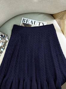 GlowEve Váy len dệt kim dáng rộng họa tiết hoa dây trơn màu mùa thu mới cho nữ Thiết kế cổ điển, giản dị, nữ tính, đa năng, thường ngày - Màu xanh hải quân - Xem 2