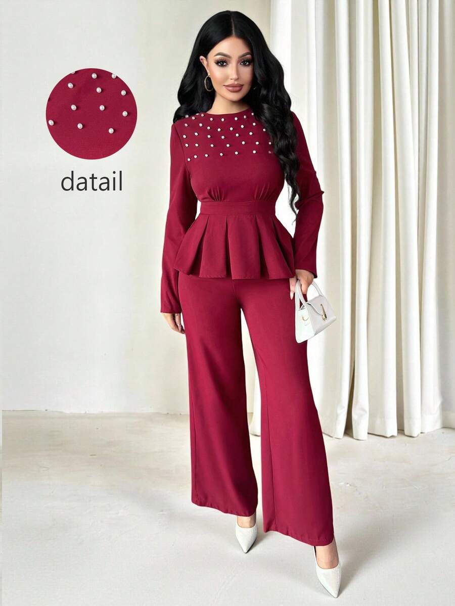 Vavine 女士酒红色泡泡袖长袖上衣和裤子优雅两件套 - 酒紅色 - 查看 1