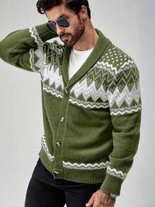 Manfinity Homme 男士波浪条纹长袖休闲针织开衫，秋冬款 - 橄欖綠 - 查看 5