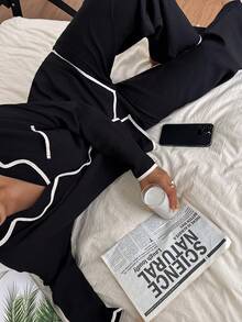 女士撞色翻领宽松长袖睡衣套装，黑色，女士睡衣两件套，秋冬服装 - 黑色 - 查看 5