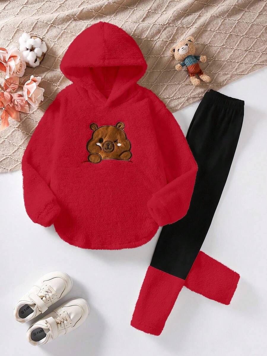 SHEIN Sparklyn Tween Girls Casual All-Match Versatile Cartoon Capybara Embroidered Hooded Loose Fleece Sweatshirt + Leggings 2-Piece Set, Suitable For Home, School, Autumn/Winter - Red - View 1