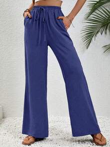 SHEIN LUNE Women's Casual Solid Color Pocketed Drawstring Pants - Purple - View 4