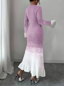 Elenzga Women's Autumn/Winter New Round Neck Ombre Unique Design Ruffle Hem & Cuff Fashionable Elegant Elegant Date Casual Fitted Knit Dress - Purple - View 4