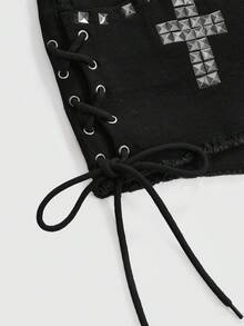 ROMWE Grunge Punk Women's Punk Rivet Cross Studded Mini Low-Waist Denim Shorts - Black - View 3