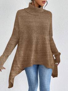 SHEIN LUNE Áo len cổ lọ tay dài màu trơn thường ngày dành cho nữ, Thu/Đông - Màu Khaki - Xem 3