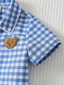 Cozy Pixies 2 pièces Ensemble cardigan à col châle et short à taille élastique avec motif ours de bébé garçon, tenue à carreaux - Bleu et Blanc - Voir 5
