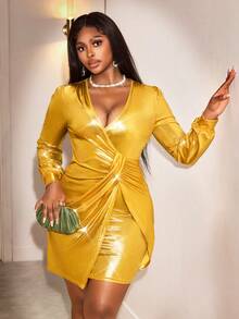 Xyvia Women's Gold Foil V-Neck Ruched Waist Asymmetric Hem Bodycon Dress, Sexy Outfit For Birthday, Date, Party, Gala, Music Festival - Gold - View 4