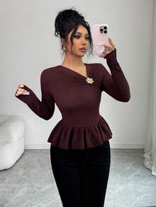 Elenzga Elegante Luxuoso Emagrecedor Estiloso Único Belo Camiseta Feminina com Cintura Franzida Estilo Francês - Castanho - Visão 5