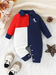 Souflis Souflis Baby Boys' Casual Polo Collar Colorblock Embroidered Long Sleeve Jumpsuit, Lightweight Breathable Soft Cotton, Horse Embroidery Decor, Suitable For All Seasons, Great For Casual, Gatherings, And Photography , Fashion Style Fit For Outdoor Walk/Indoor Leisure/Active Sports/Relaxing , Great Choice For Parent-Child Interaction(1-18M)