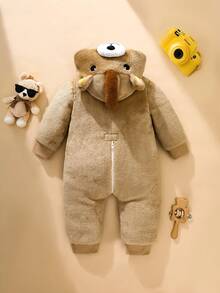 SHEIN 婴儿/男童可爱狮子3D图案长袖连体衣，返校套装 - 卡其色 - 查看 3