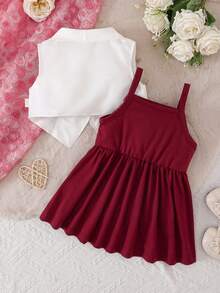 SHEIN 两件套休闲百搭女婴服装，适合度假和旅行 - 酒紅色 - 查看 2