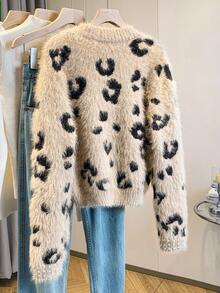 Franclia 女士简约休闲日常通勤仿珍珠装饰毛衣，优雅百搭豹纹蓬松针织衫，秋冬款 - 彩色 - 查看 2