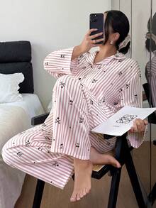 Dream Adore 条纹蝴蝶结樱桃印花翻领长袖单口袋上衣和裤子加大码女式睡衣套装 女士条纹睡衣套装 女士睡衣衬衫 女士睡衣套装，秋冬服装 - 粉色 - 查看 4