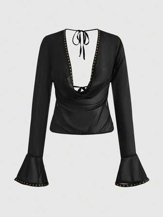 Grunge Punk Sexy Vintage Bluse mit tiefem drapiertem Ausschnitt und rückenfreiem Design für Frauen