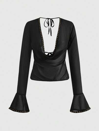 Grunge Punk Blouse vintage sexy à col drapé profond et dos nu pour femmes