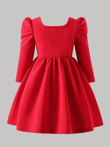 Váy chữ A tay bồng cổ tròn đính hạt màu đỏ cho bé gái, thích hợp cho dịp năm mới, tiệc tùng, mùa thu/xuân/đông, giáng sinh - Đỏ - Xem 2