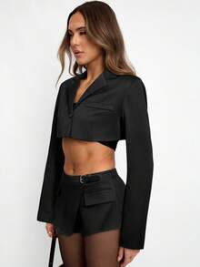 Avenya Women's Solid Color Mottled Lapel Single-Breasted Cropped Long Sleeve Blazer - Black - View 4