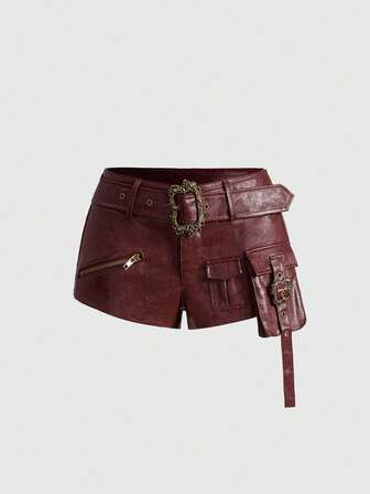 Hippie Women's Kpop Fashionable Retro Western Style Leather Low-Waist Shorts