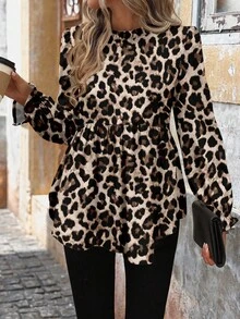 SHEIN LUNE Women's Casual Printed Blouse, Babydoll, Puff Sleeve, Leopard Print, Suitable For Autumn/Winter Everyday Wear,Casual - Multicolor - View 3