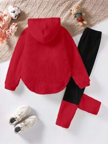 SHEIN Sparklyn Tween Girls Casual All-Match Versatile Cartoon Capybara Embroidered Hooded Loose Fleece Sweatshirt + Leggings 2-Piece Set, Suitable For Home, School, Autumn/Winter - Red - View 2