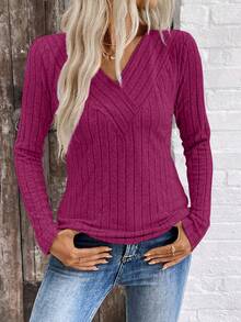 SHEIN LUNE LUNE V领拉绒罗纹女上衣 跨境电商新品 秋冬 - 玫紅色 - 查看 3