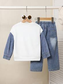 SHEIN 男童休闲百搭时尚运动街头风韩日简约牛仔印花卫衣+牛仔裤套装，2件套，适合秋季、冬季、上学、运动、日常穿着 - 彩色 - 查看 4