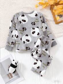 2 pièces Ensemble de pyjama à manches longues et pantalon imprimé panda mignon pour tout-petits garçons, automne/hiver - Multicolore - Voir 2