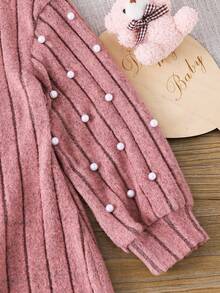 SHEIN Emery Rose Kids 少女优雅粉色珍珠灯笼袖长袖连衣裙，蓬松柔软，保暖舒适，适合姐妹装，秋冬季 - 粉色 - 查看 10