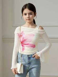 SHEIN 年轻女孩花卉图案休闲不对称肩T恤 - 白色 - 查看 3