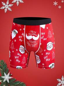 圣诞节趣味印花卡通古怪圣诞老人、礼品盒、拐杖糖、铃铛、雪花、雪人、家庭派对男士中长款平角内裤 - 紅色 - 查看 1