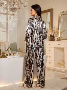 LuxeNights Elegant Leopard Print Satin Pocket Front Button Long Sleeve Pajama Set For Women Curve Pajamas Set 2 Pieces Lounge Set Woman Animal Print Pajama Set Two Pieces Sleepwear Set, Fall & Winter Clothes - Multicolor - View 2