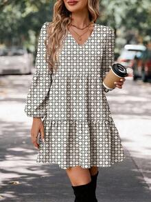 SHEIN LUNE Women's Casual V-Neck Printed Lantern Sleeve Ruffle Hem Dress, Suitable For Autumn/Winter, Multi-Layered Cake Skirt, Irregular Graphic Print - Multicolor - View 6