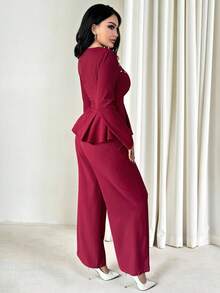 Vavine 女士酒红色泡泡袖长袖上衣和裤子优雅两件套 - 酒紅色 - 查看 2