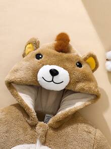 SHEIN 婴儿/男童可爱狮子3D图案长袖连体衣，返校套装 - 卡其色 - 查看 6