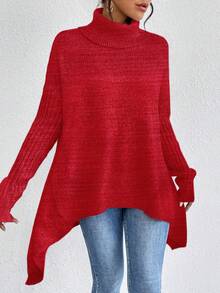 SHEIN LUNE Women's Casual Solid Color Turtleneck Long Sleeve Sweater, Autumn/Winter - Red - View 3